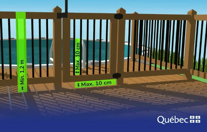 Clôture noire en métal entourant une piscine avec des fleurs rouges