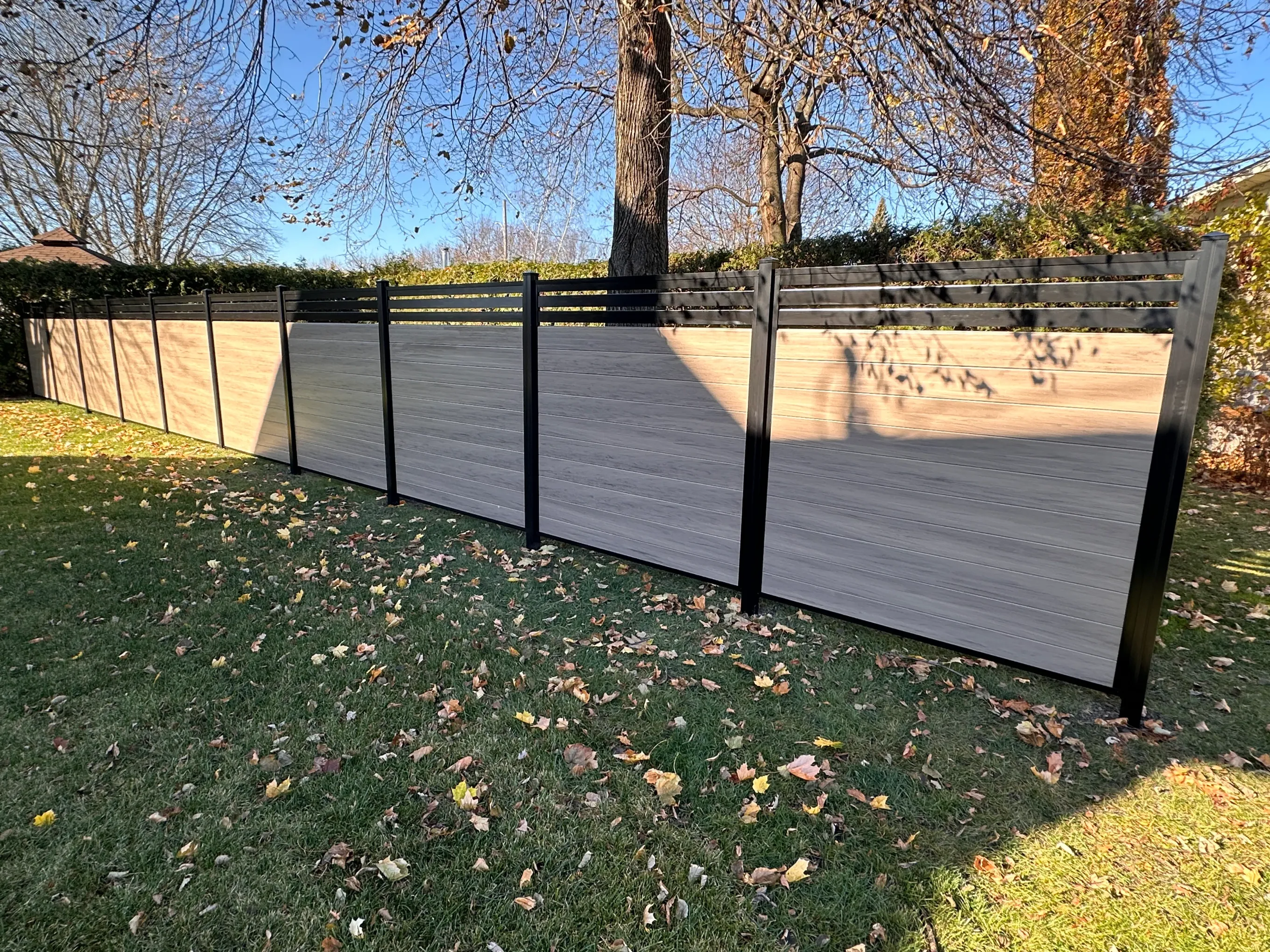 Clôture composite taupe dans une cour arrière en automne